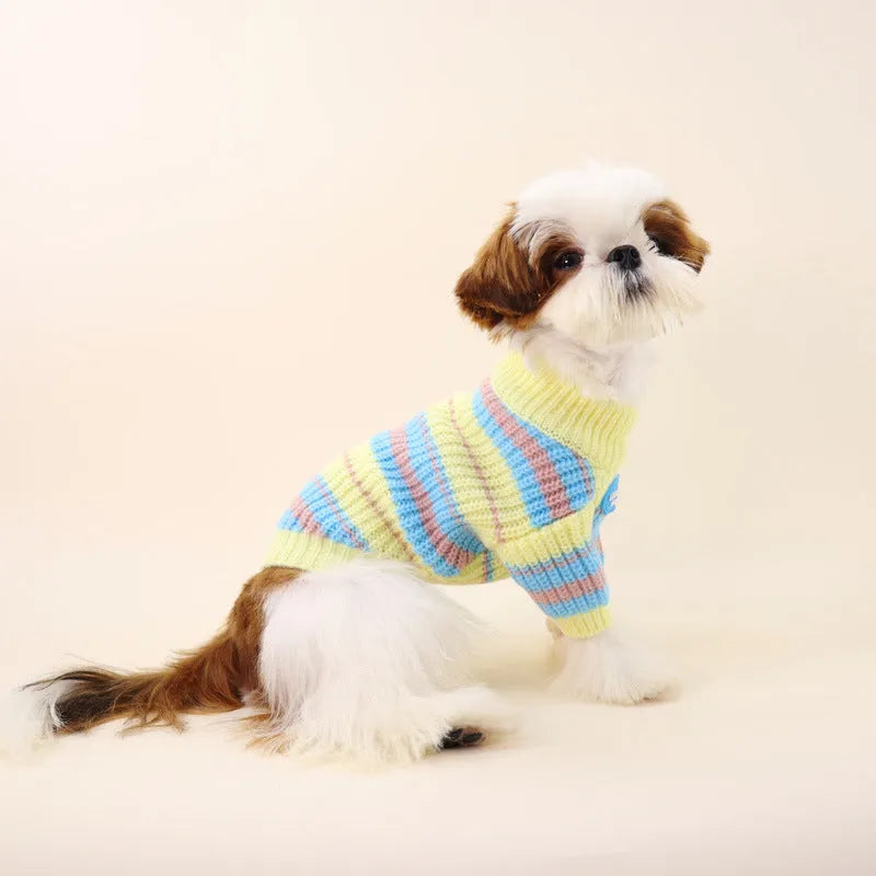 Blue and yellow striped wool sweater for a small dog, shown in size L.