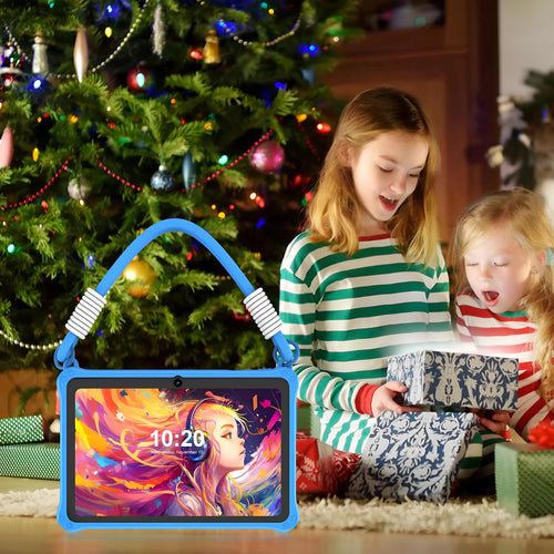 Blue silicone protective case for 7-inch children's tablet with flat carrying strap