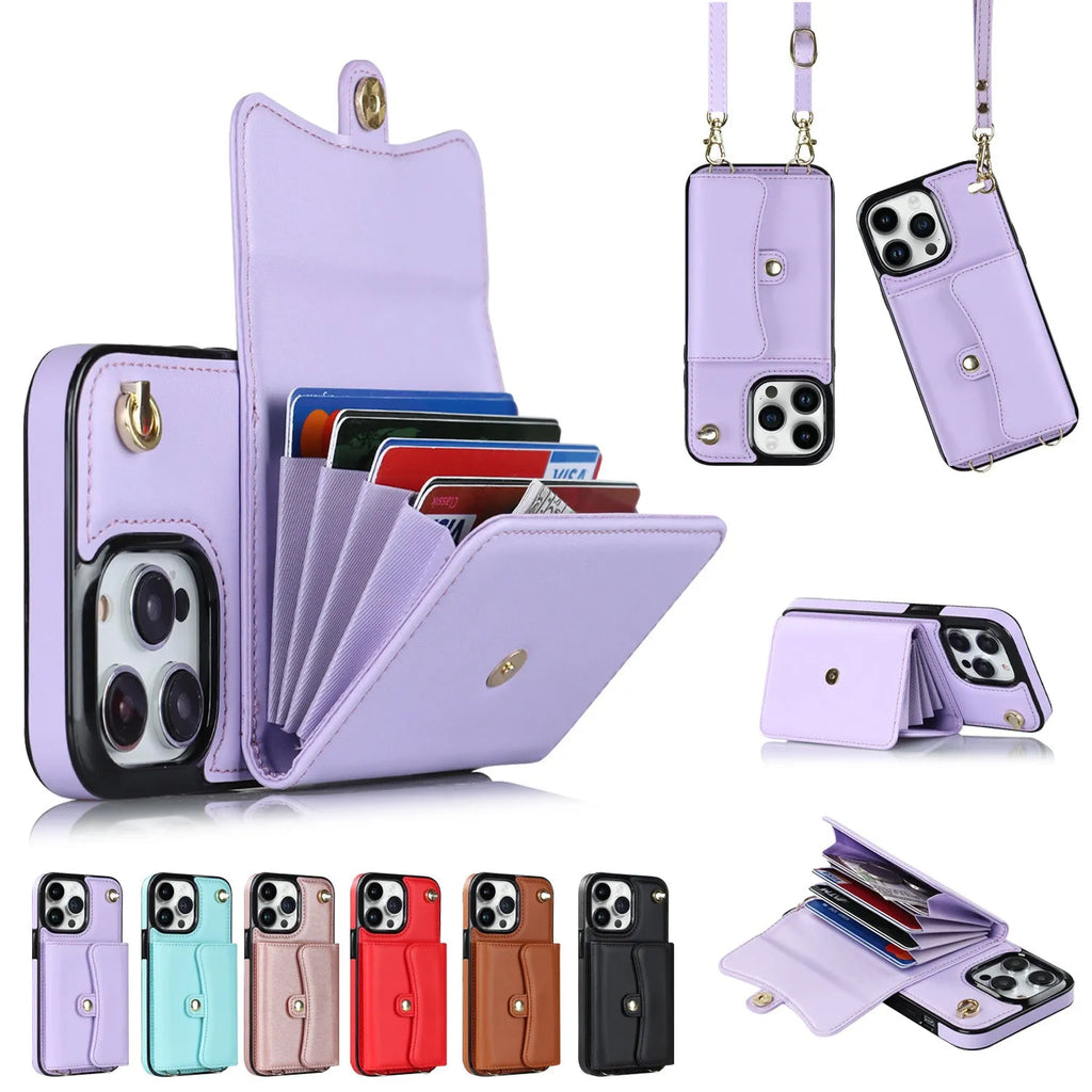 Handmade lambskin crossbody card holder phone case with bracket and lanyard for Apple iPhone, black colour