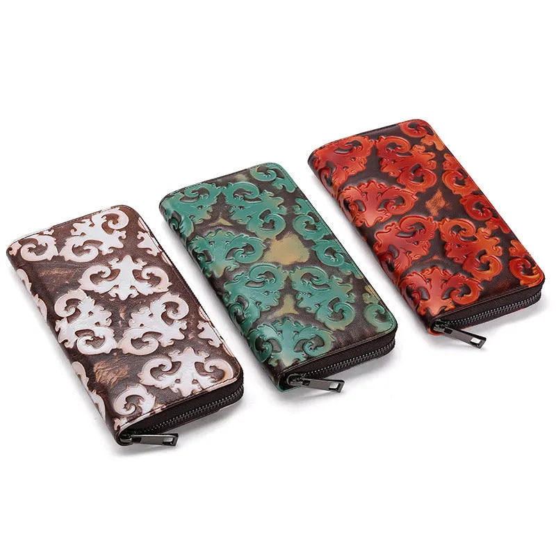 Brushed women's retro wallet in brown white top layer cowhide leather with floral embossed pattern and horizontal square shape