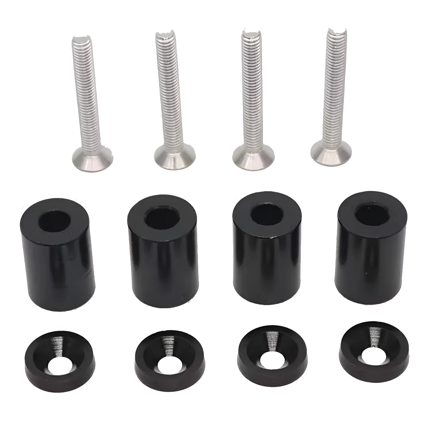 Aluminium machine cover height spacer kit in red, blue, and black with screws, nuts, and washers.