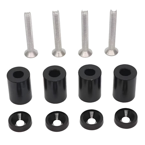 Aluminium machine cover height spacer kit in red, blue, and black with screws, nuts, and washers.