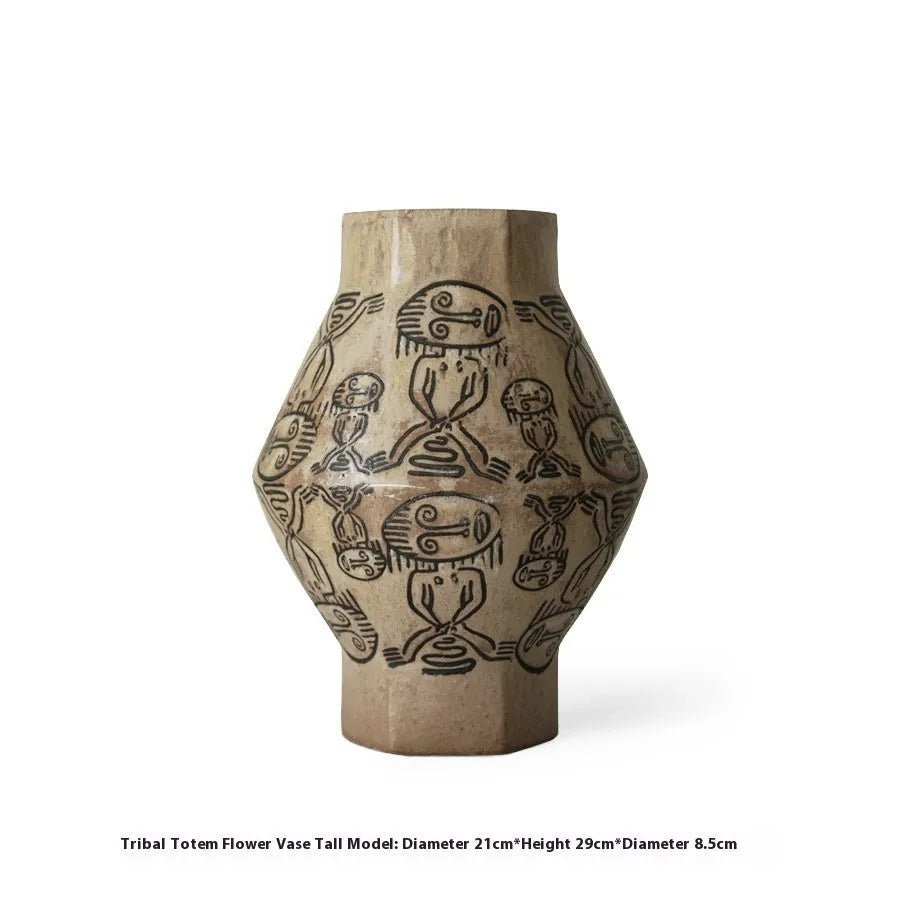 Hand-painted ceramic cylindrical table vase with carved vintage art and religious patterns