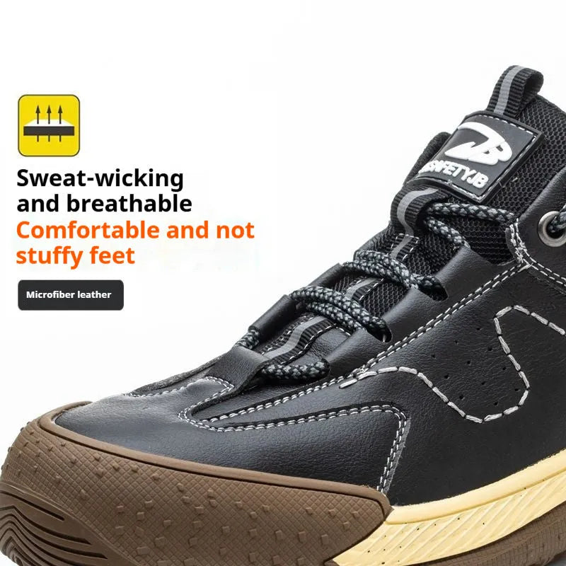 Flyknit safety work shoes with leather upper and rubber sole in multiple colour options