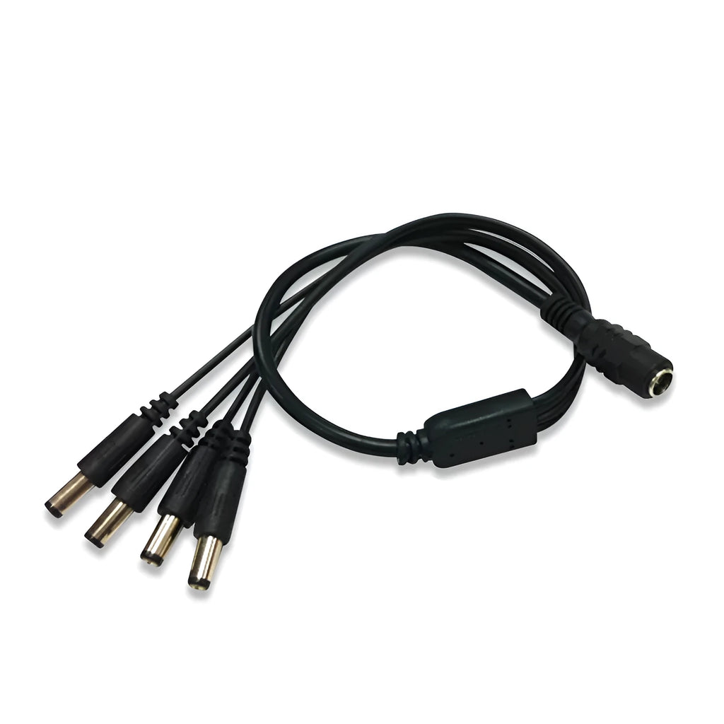 Black 12V DC monitoring power cord with one input and four output connectors for CCTV cameras