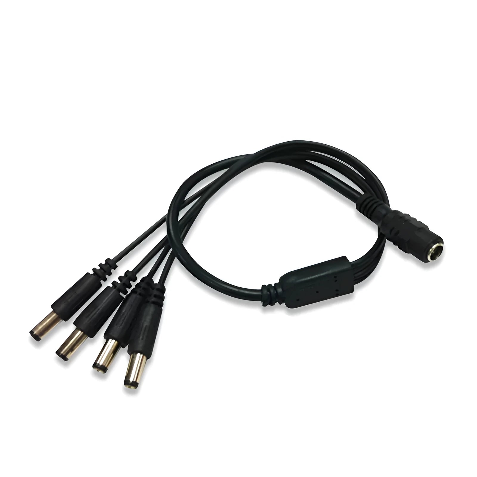 Black 12V DC monitoring power cord with one input and four output connectors for CCTV cameras