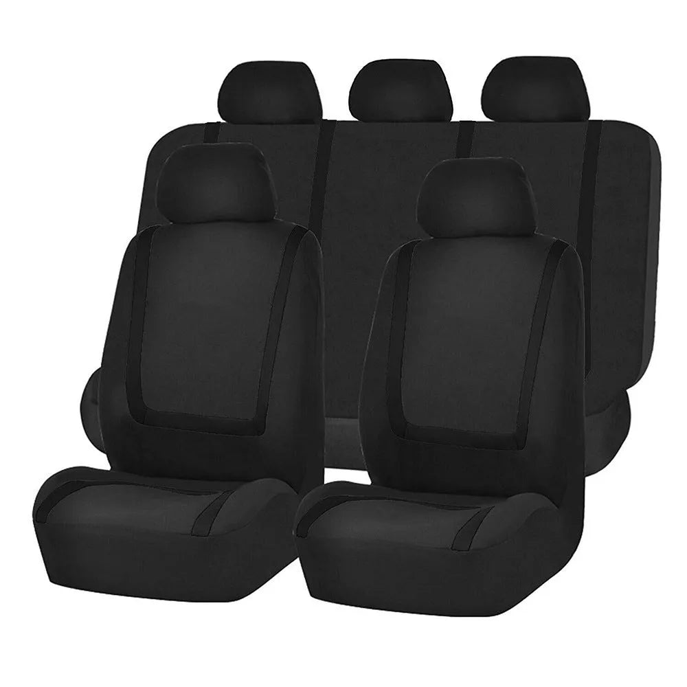 Universal four seasons car seat cover set in beige and black fabric installed on car seats.