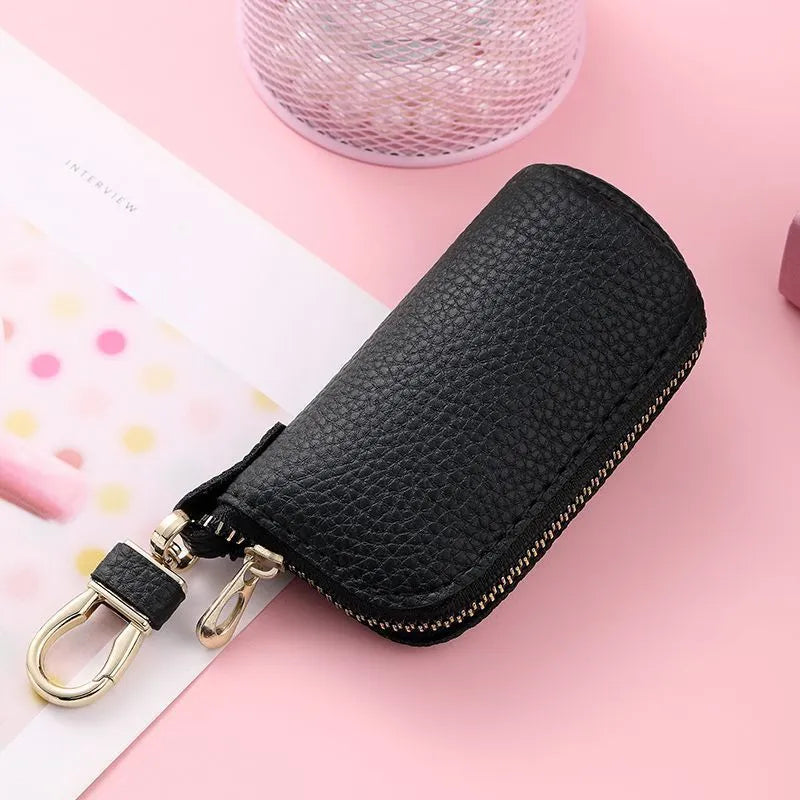Men's home zipper car key ring in black, pink, or grey waterproof PU leather