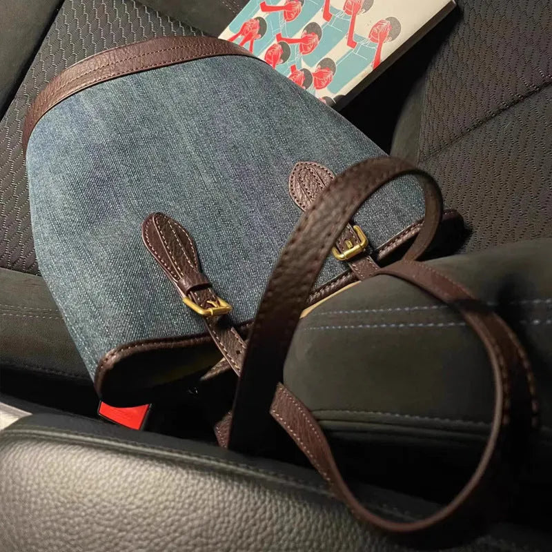 Denim colour patchwork retro bucket handbag with a single shoulder strap.