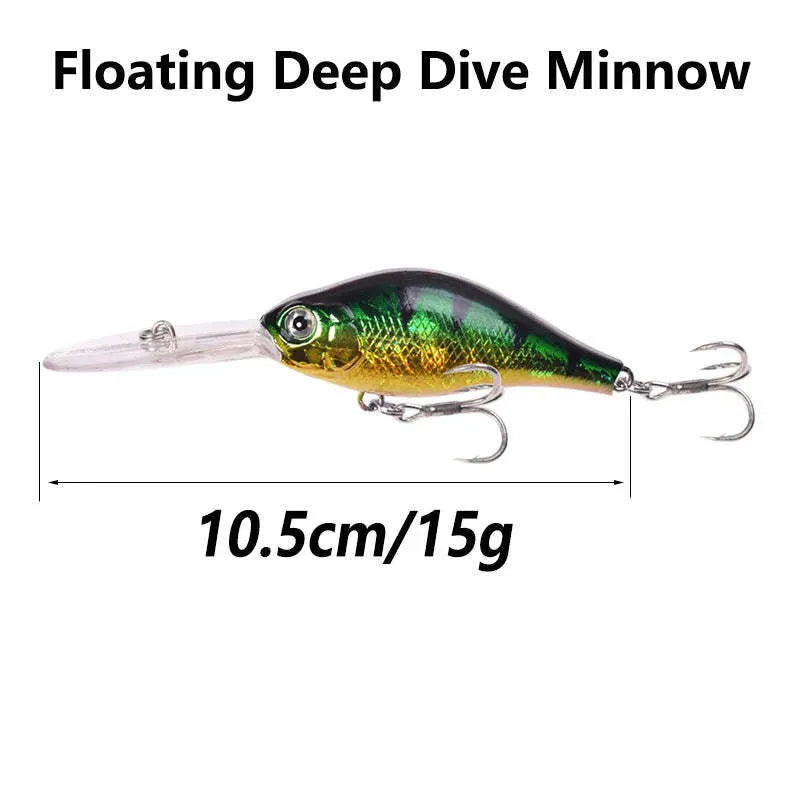 10.5cm long tongue board minnow fishing lure in assorted colours, shown with a 15g weight specification.