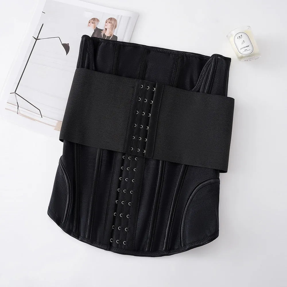Black and apricot nylon belly band for waist training with adjustable belt tie, shown in various sizes.