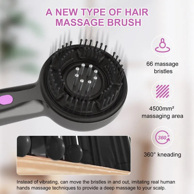 A grey, black, or red coloured USB-powered head massage comb with a comb design and a mechanical speed switch.