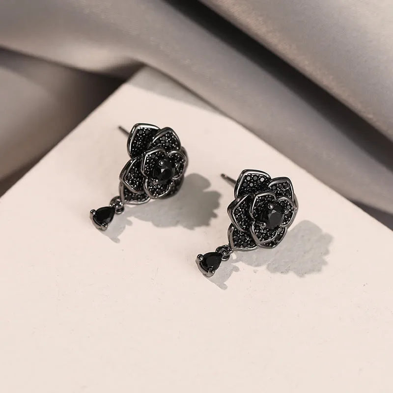 Black rose zircon flower stud earrings with 18K copper electroplating