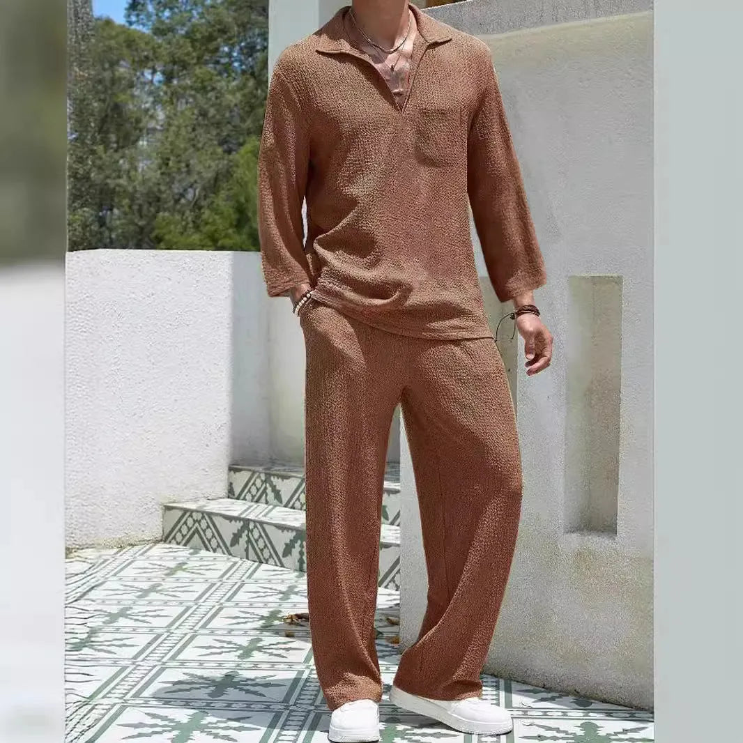 Men's casual commuter suit with shirt-style jacket and matching trousers in polyester fabric