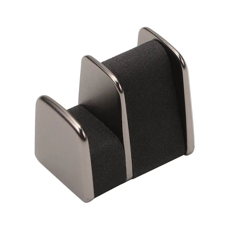 Compact zinc alloy and leather glasses clip for car dashboard, shown in available colours.