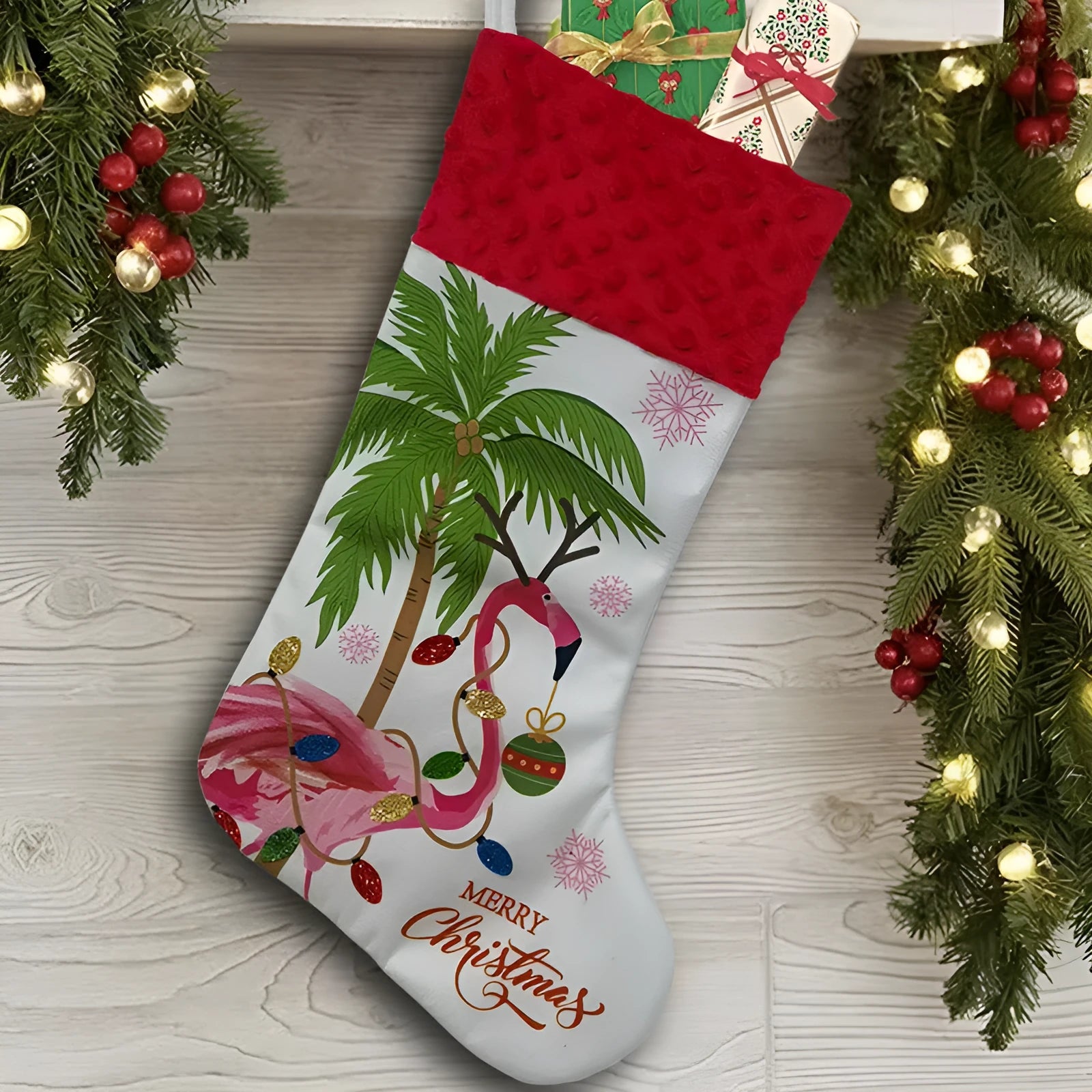 Flamingo Christmas stocking holiday decoration measuring 46cm by 28cm in cloth
