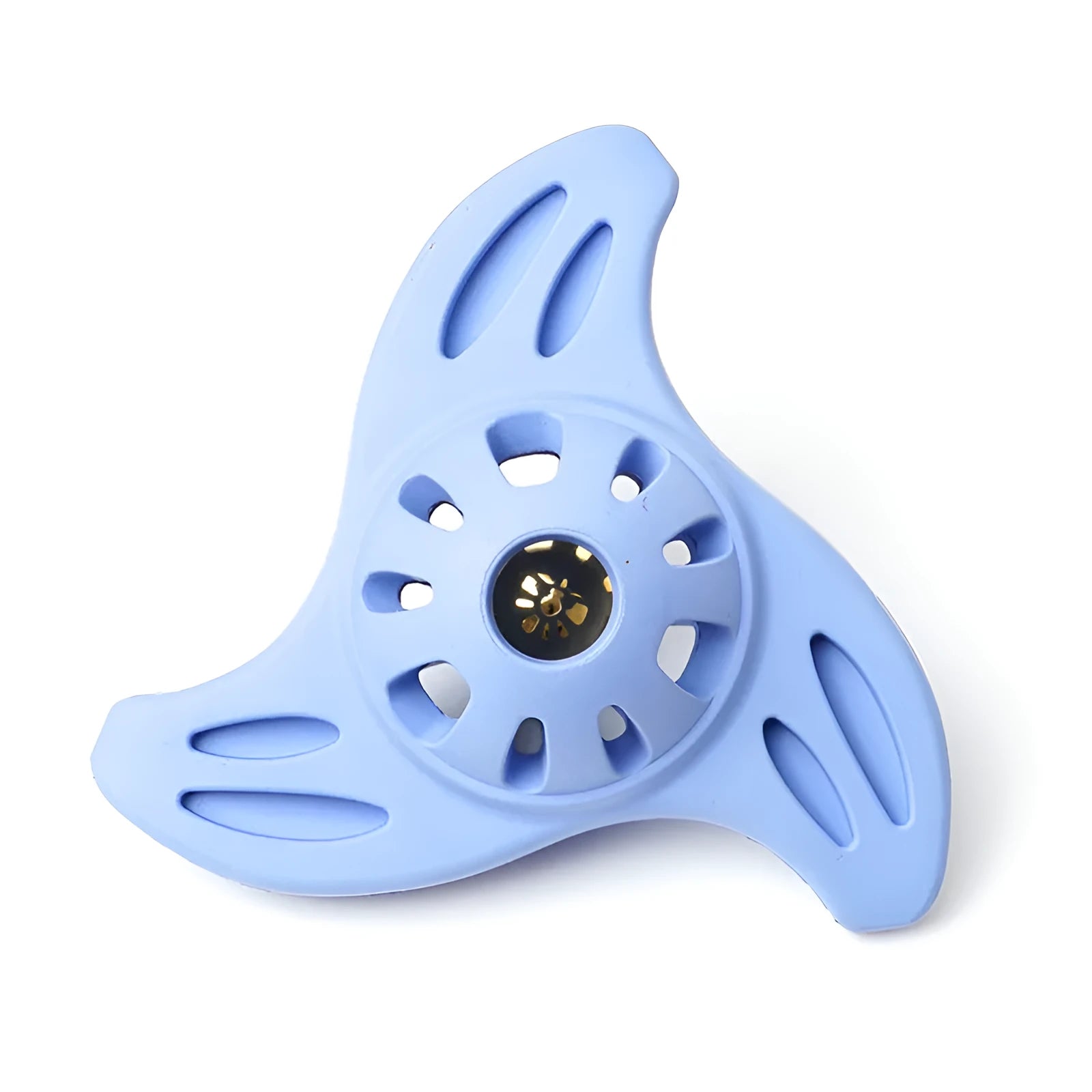 Blue boomerang-shaped dog toy with raised molar-style edges for medium and large breed chewing play