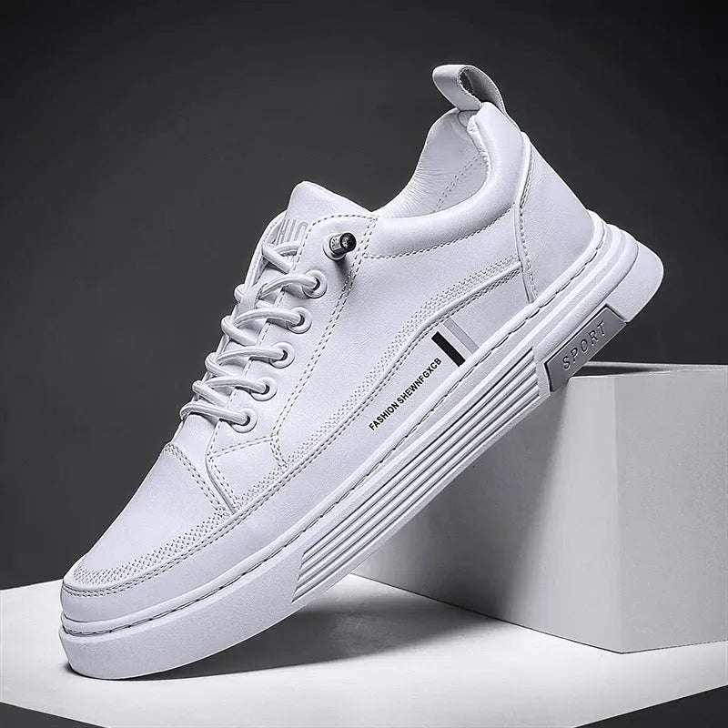 Men's white and black microfiber skate shoes with elastic band fastening and rubber sole