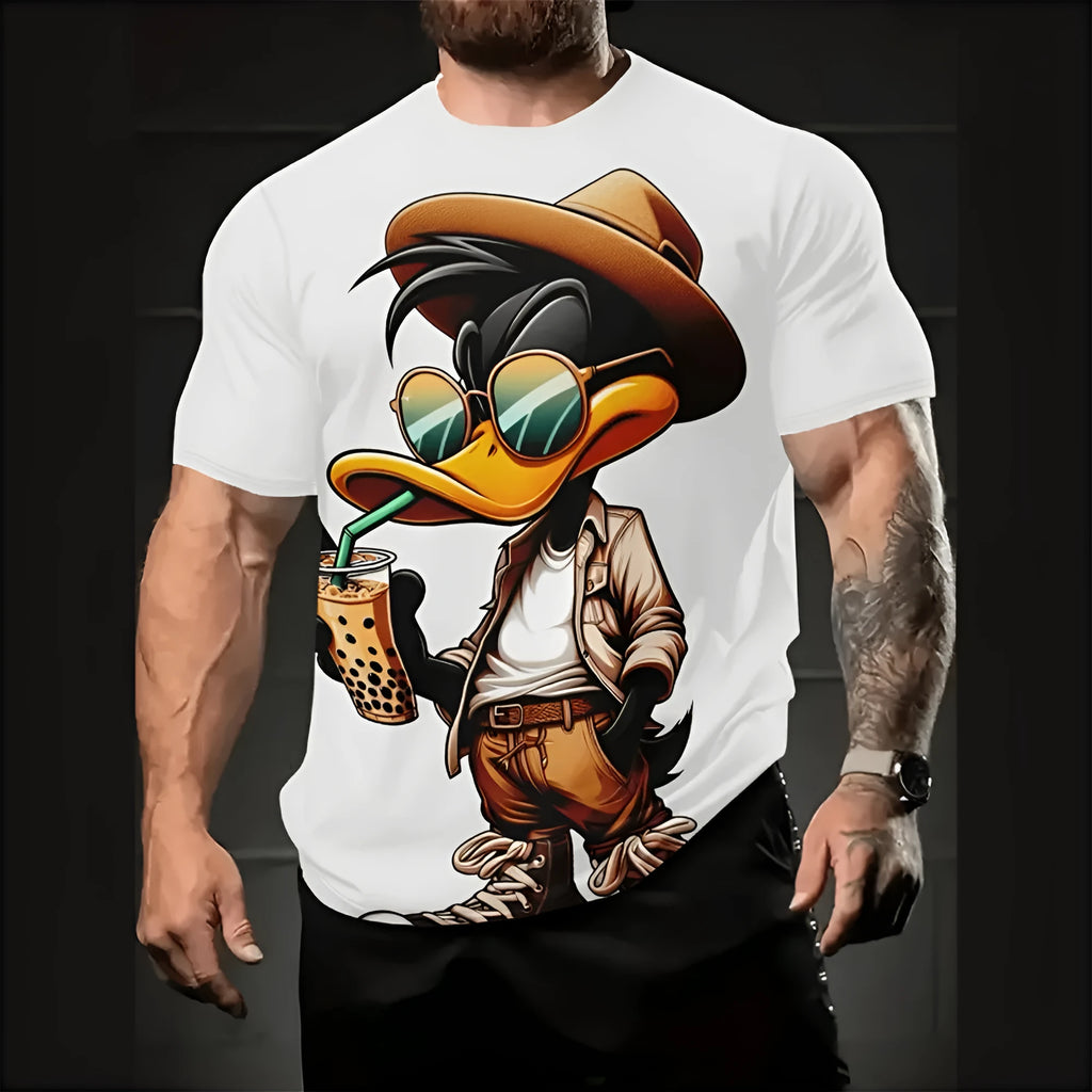 Men's loose fit short sleeve shirt with 3D cartoon print in milk silk and linen fabric