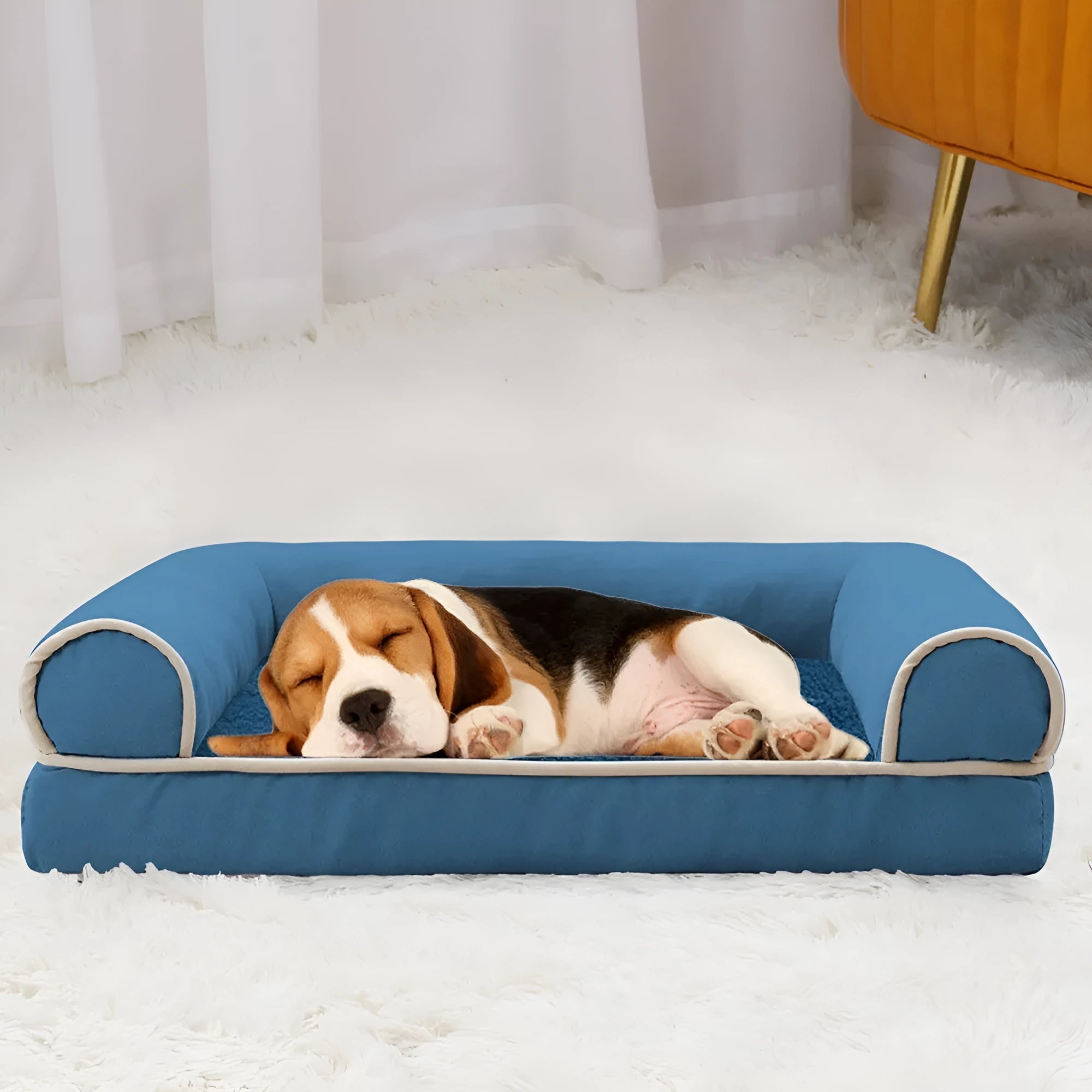 Square cloth dog bed with raised edges in blue colour showing sponge construction