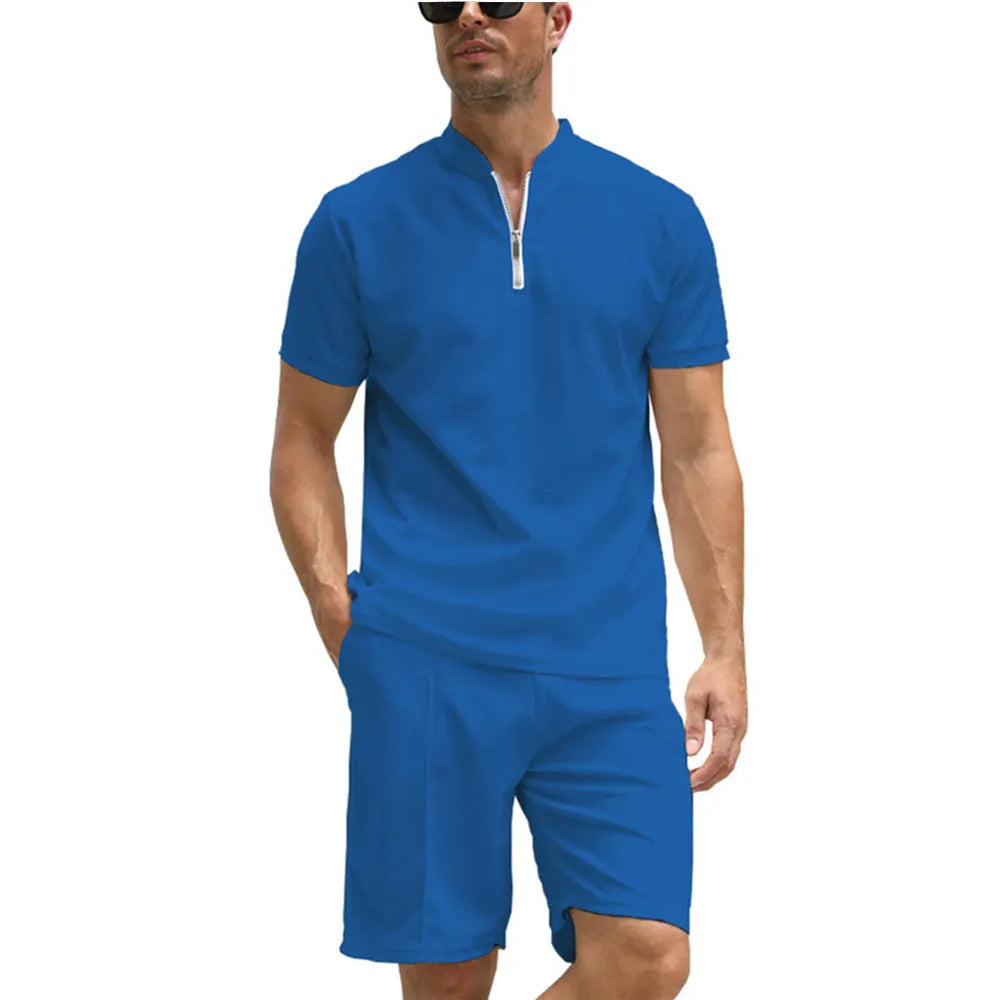 Men's solid colour polyester polo shirt two-piece suit set with matching trousers