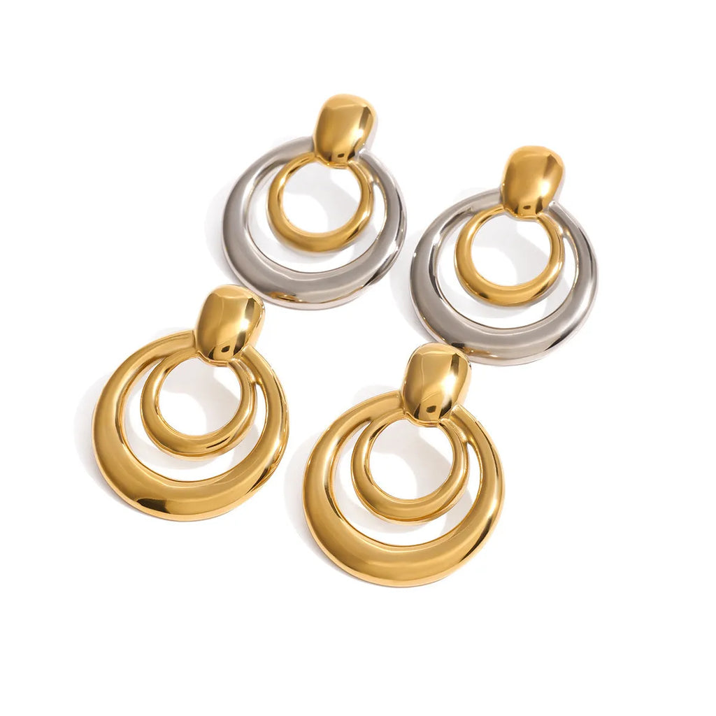 Gold-plated double layer hollow stud earrings with round geometric design