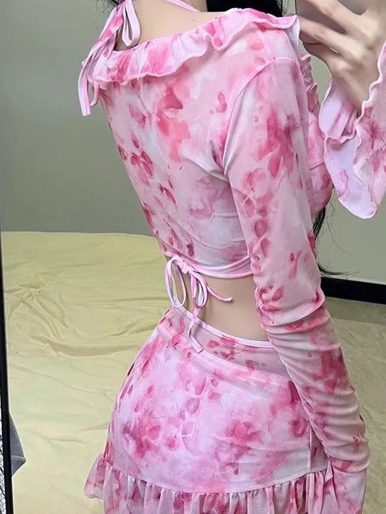 Women's cherry blossom pink floral polyester bikini set for beachwear.