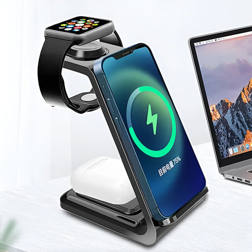 White 3-in-1 upright wireless phone charger stand with dual-coil design and Type-C cable