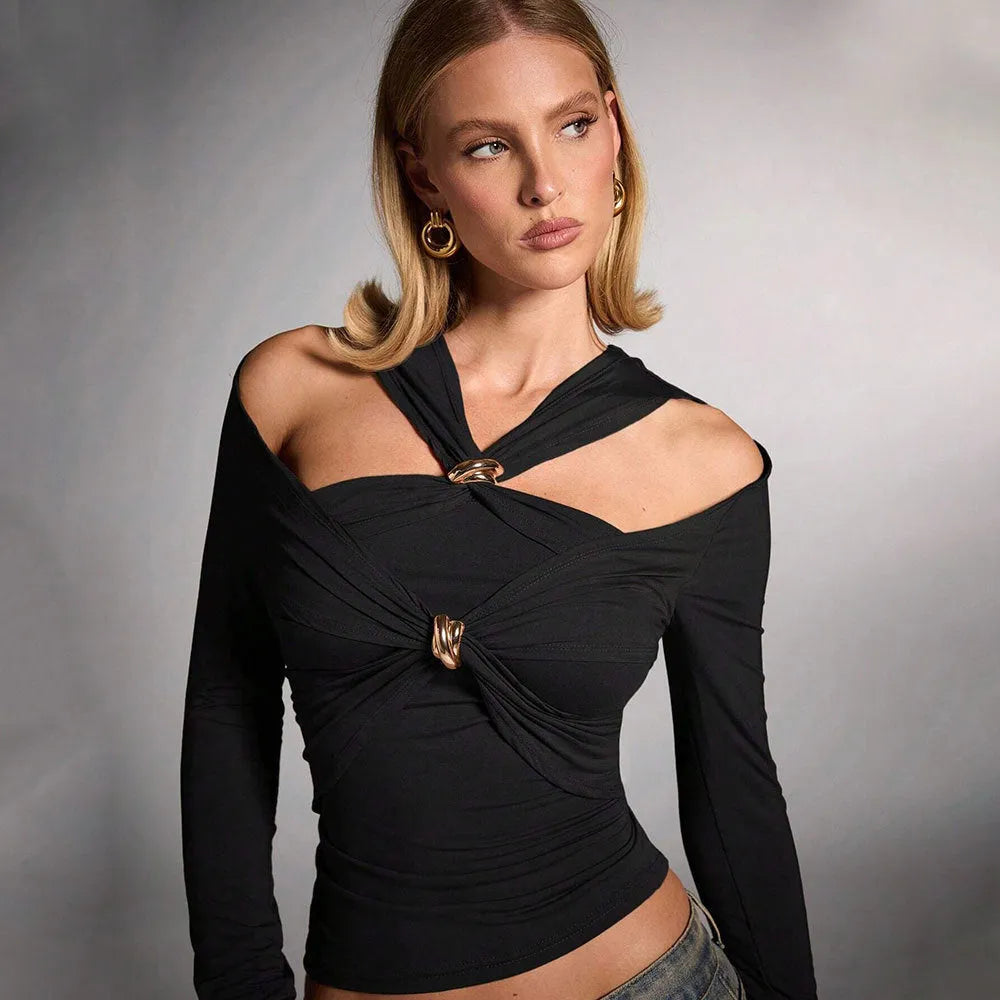 Black women's halter top with long sleeves and slim fit fashion styling