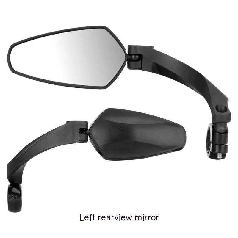 Black rotatable bicycle rearview mirror with large acrylic reflective surface mounted on handlebars.