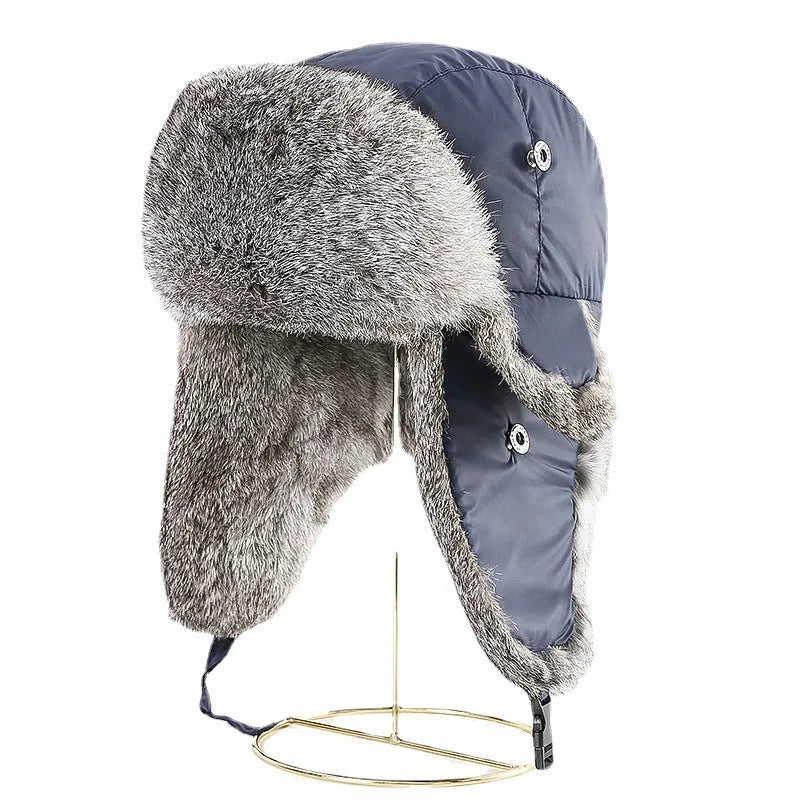 Rabbit fur unisex thickened winter hat with retro dome crown in black cloth black hair colour