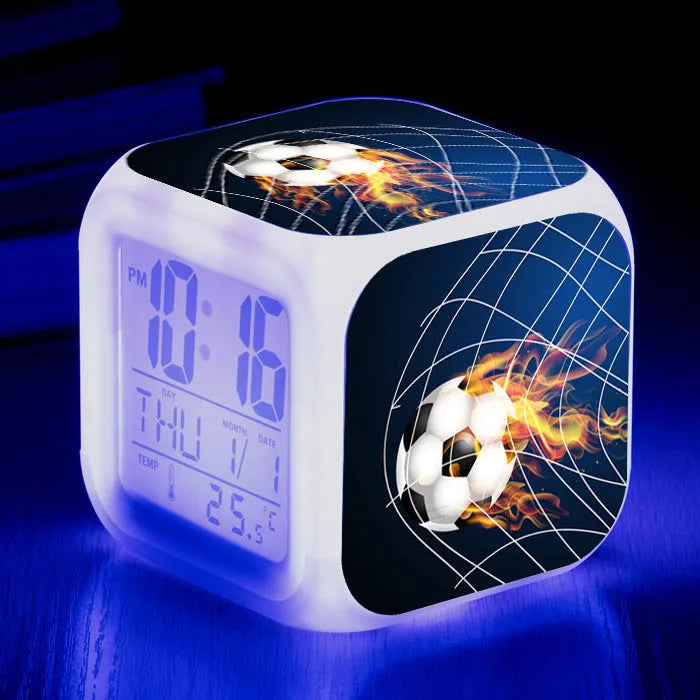 Square football pattern alarm clock with plastic shell and mute alarm function for children