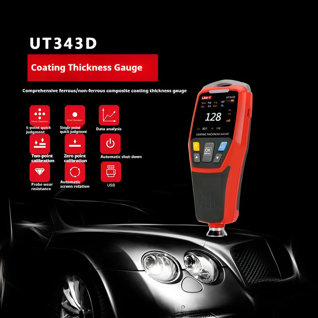 Coating thickness gauge with digital display showing measurement value on a surface