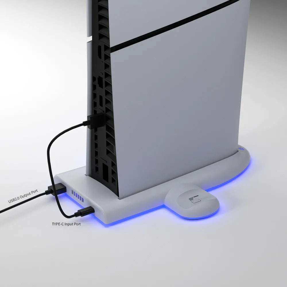 PS5 Slim multifunctional charging base with cooler pad fan and RGB ambient lighting showing white ABS plastic construction