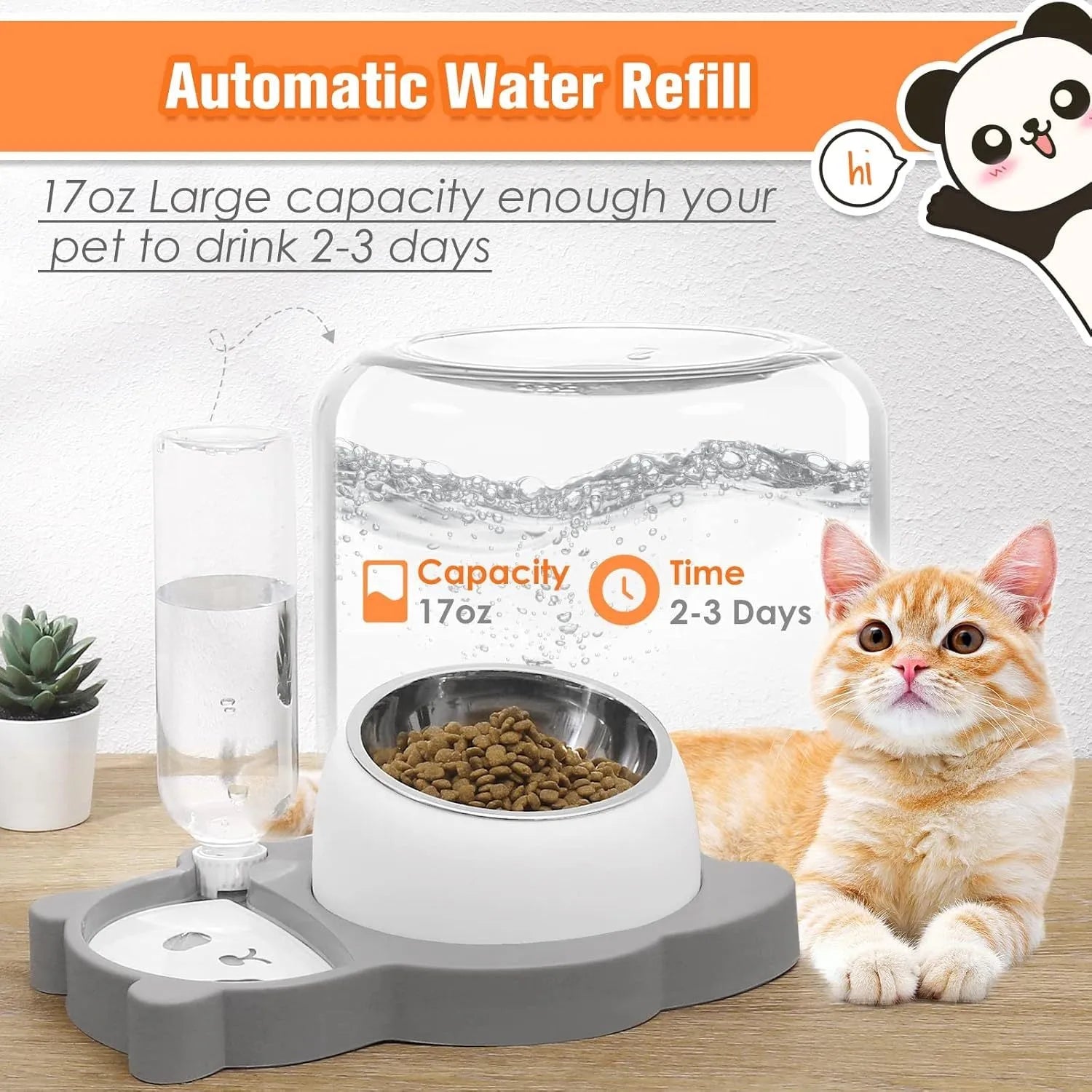 Grey panda-shaped automatic raised pet bowl set with tilted stainless steel bowls and water bottle
