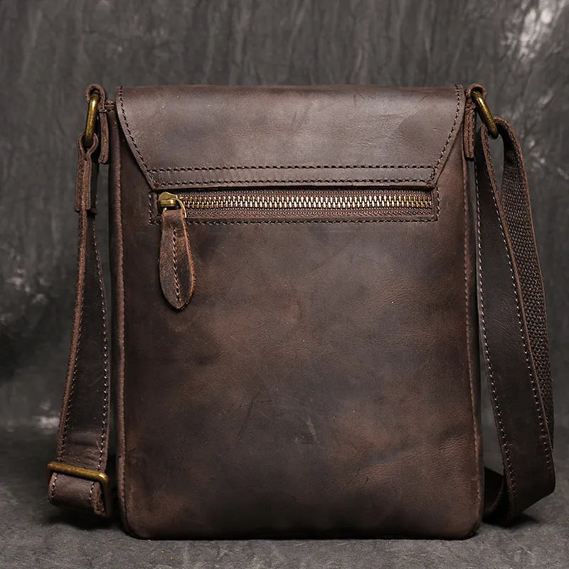 Retro genuine leather messenger bag for men solid colour black daily use