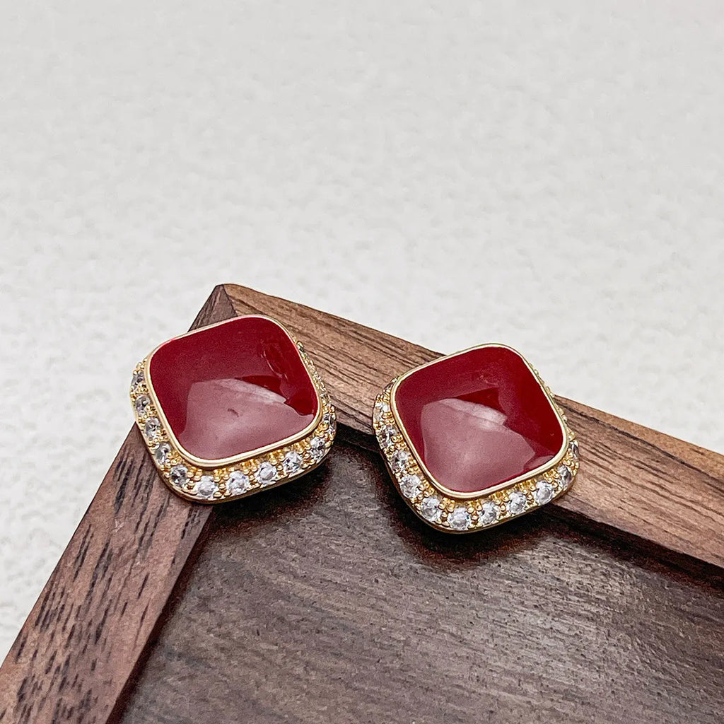 Retro red geometric square earrings with alloy construction and sweet cool style