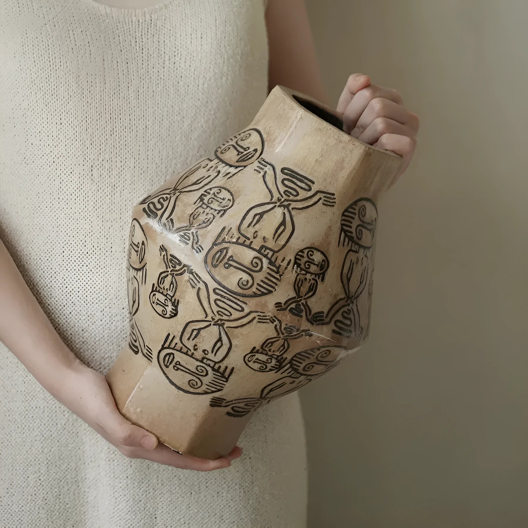 Hand-painted ceramic cylindrical table vase with carved vintage art and religious patterns