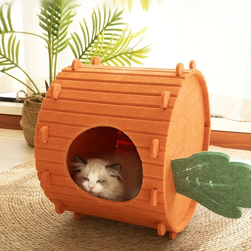 Handmade felt cat nest tunnel with semi-enclosed design and drilled openings, shown in M and L sizes