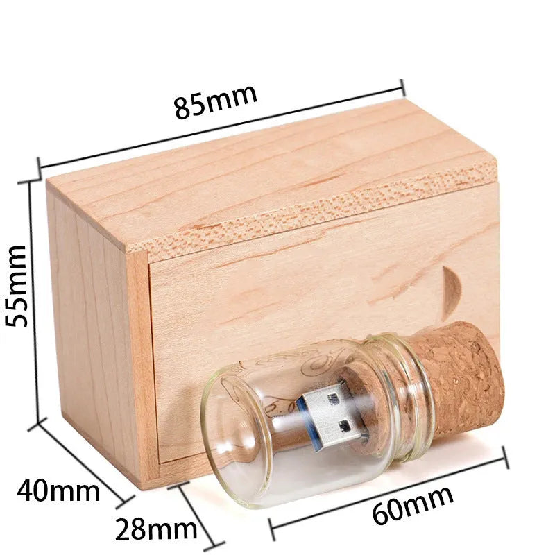 Chocolate brown wooden USB drive in a drift bottle storage disk shape with custom lettering on the side.