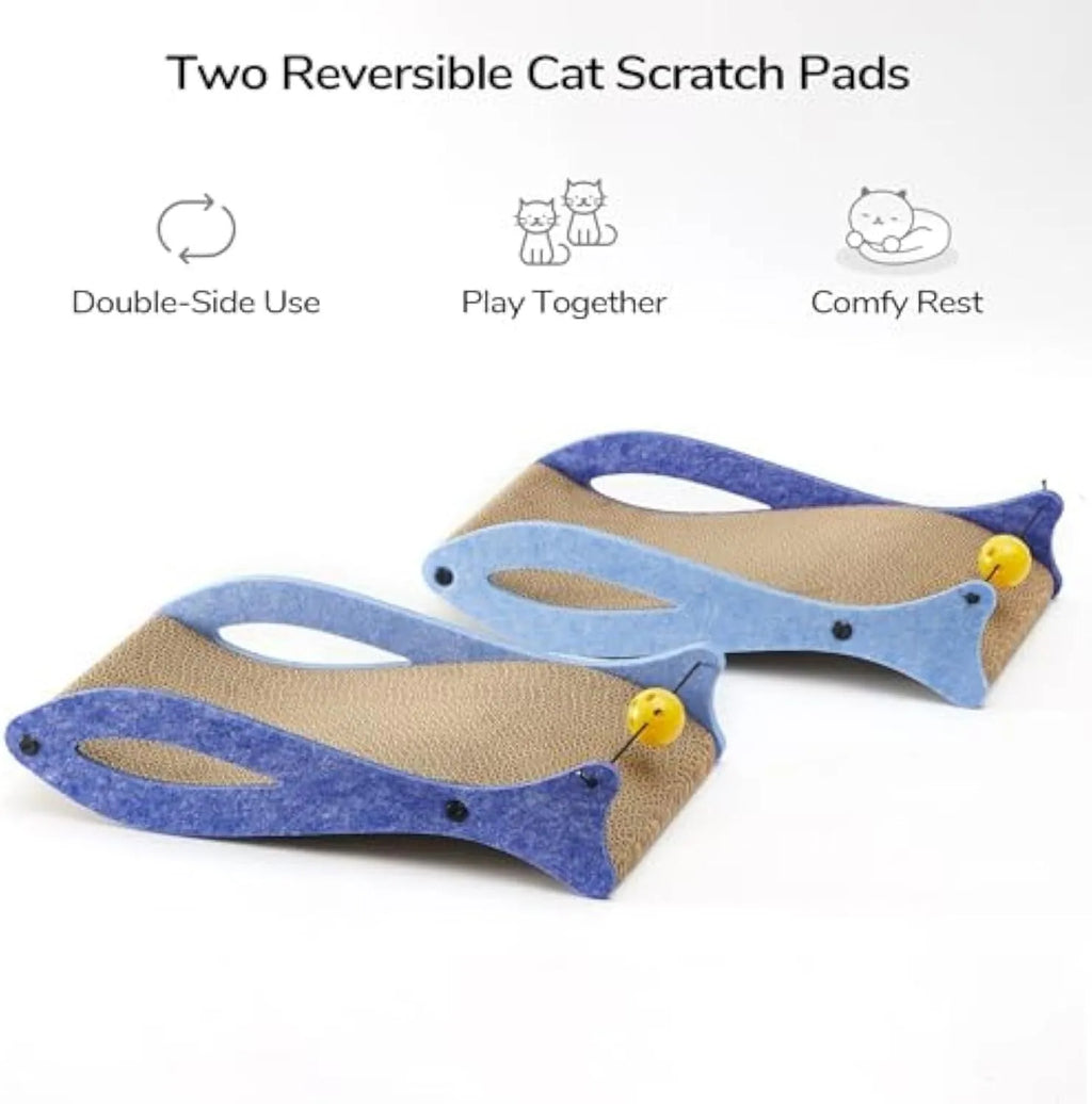 Blue fish-shaped cardboard cat scratcher lounge with a hanging ball toy for cats.