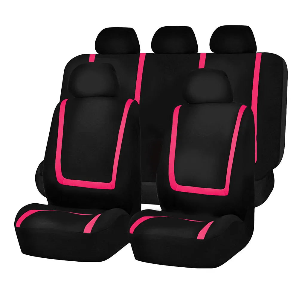 Universal four seasons car seat cover set in beige and black fabric installed on car seats.