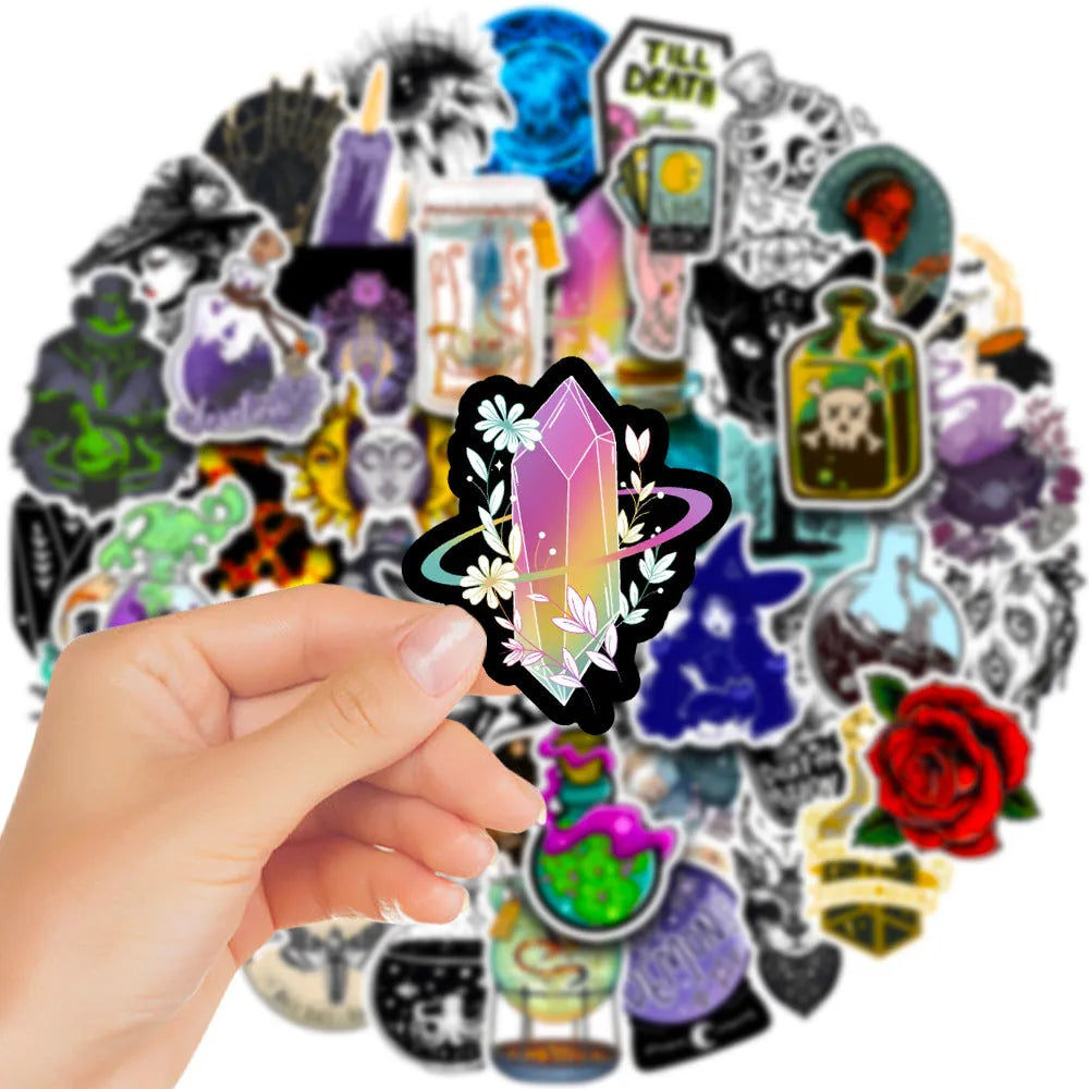 Pack of 50 assorted glossy PVC stickers in sizes from 3cm to 8cm for laptops and smooth surfaces.