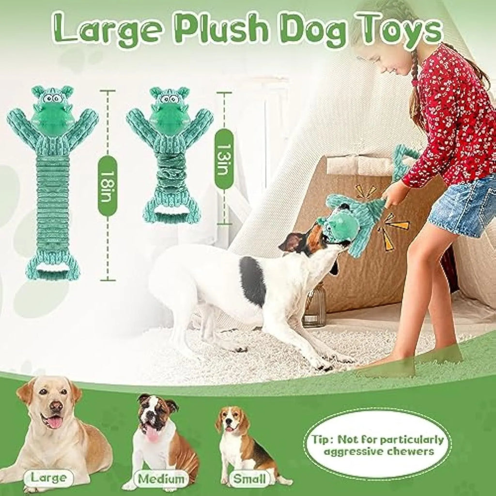 Large plush hippo or monkey dog toy with a handle for tug of war