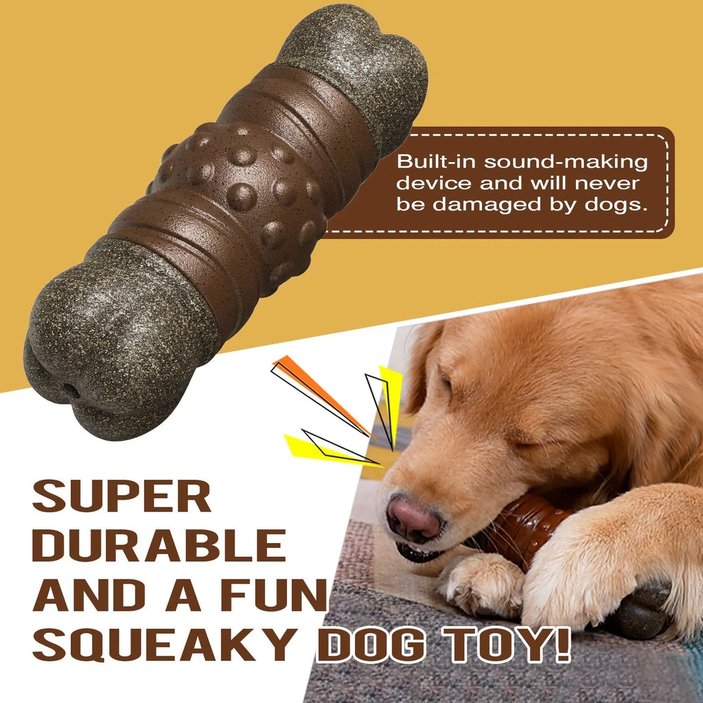 Wood colour plastic sounding bone dog toothbrush toy with molar rod design