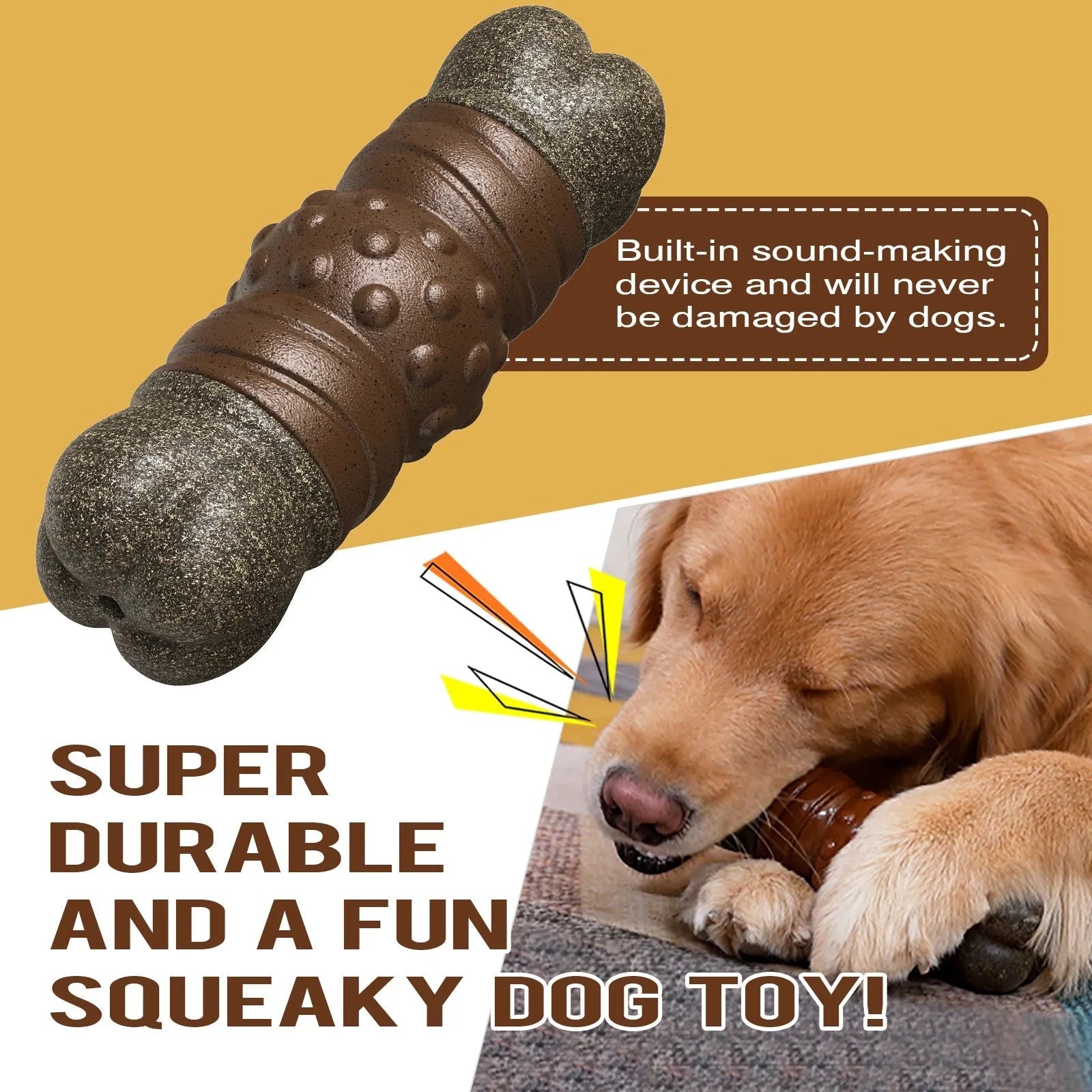 Wood colour plastic sounding bone dog toothbrush toy with molar rod design