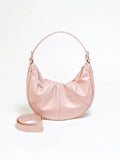 Women's soft cowhide leather shoulder bag with dumpling shape showing sandwich pocket and double joint straps