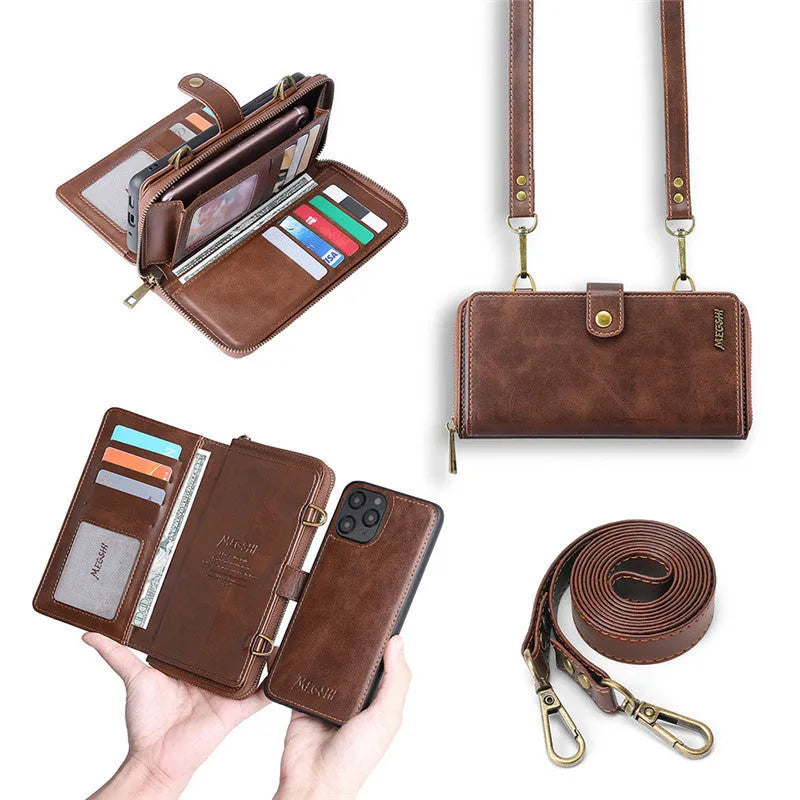 Detachable magnetic wallet phone case in PC leather for iPhone and Samsung phones