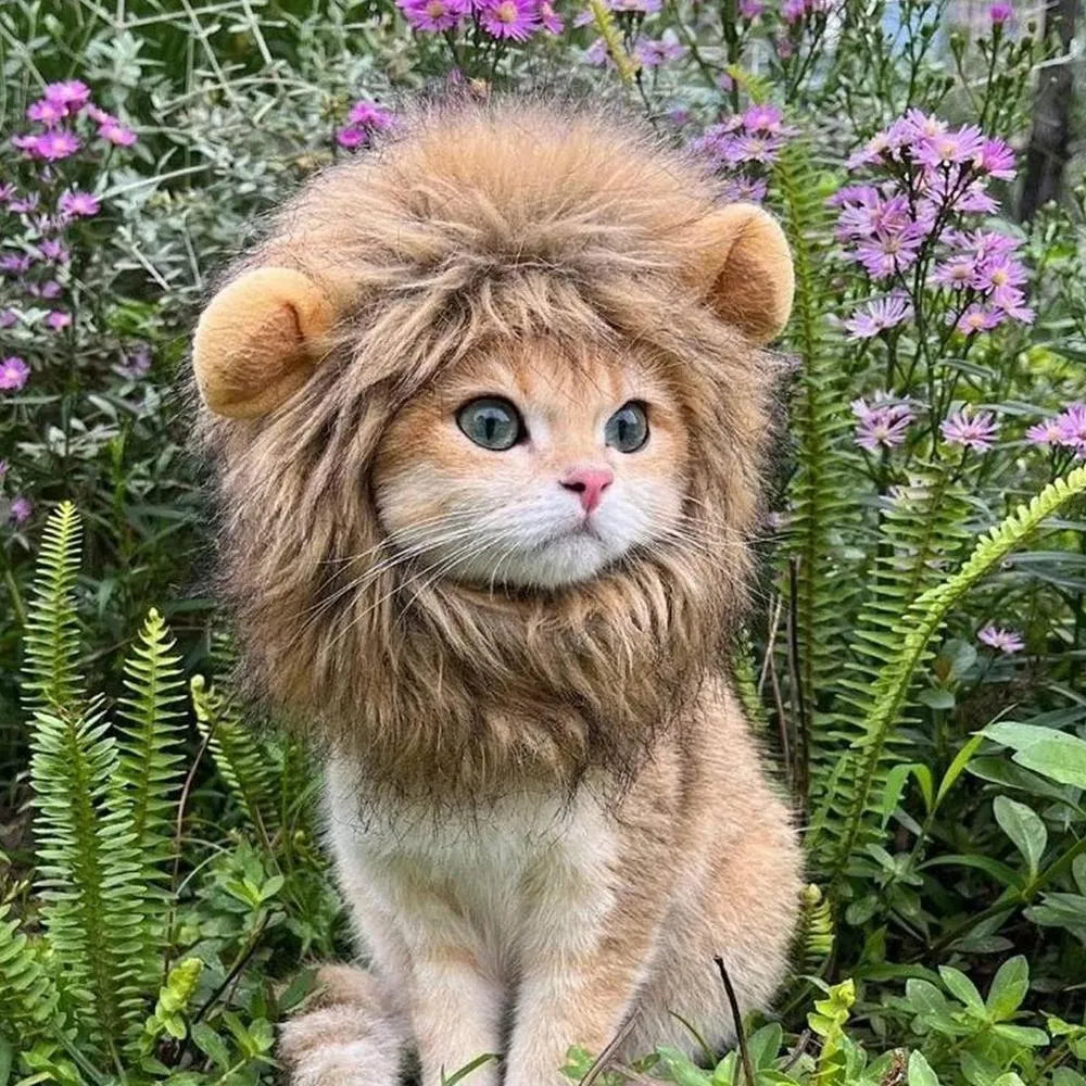Lion mane wig for cats and small dogs with plush ears and fluffy artificial hair