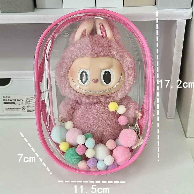 Transparent PVC cotton doll storage bag 17cm cube with keychain attachment options